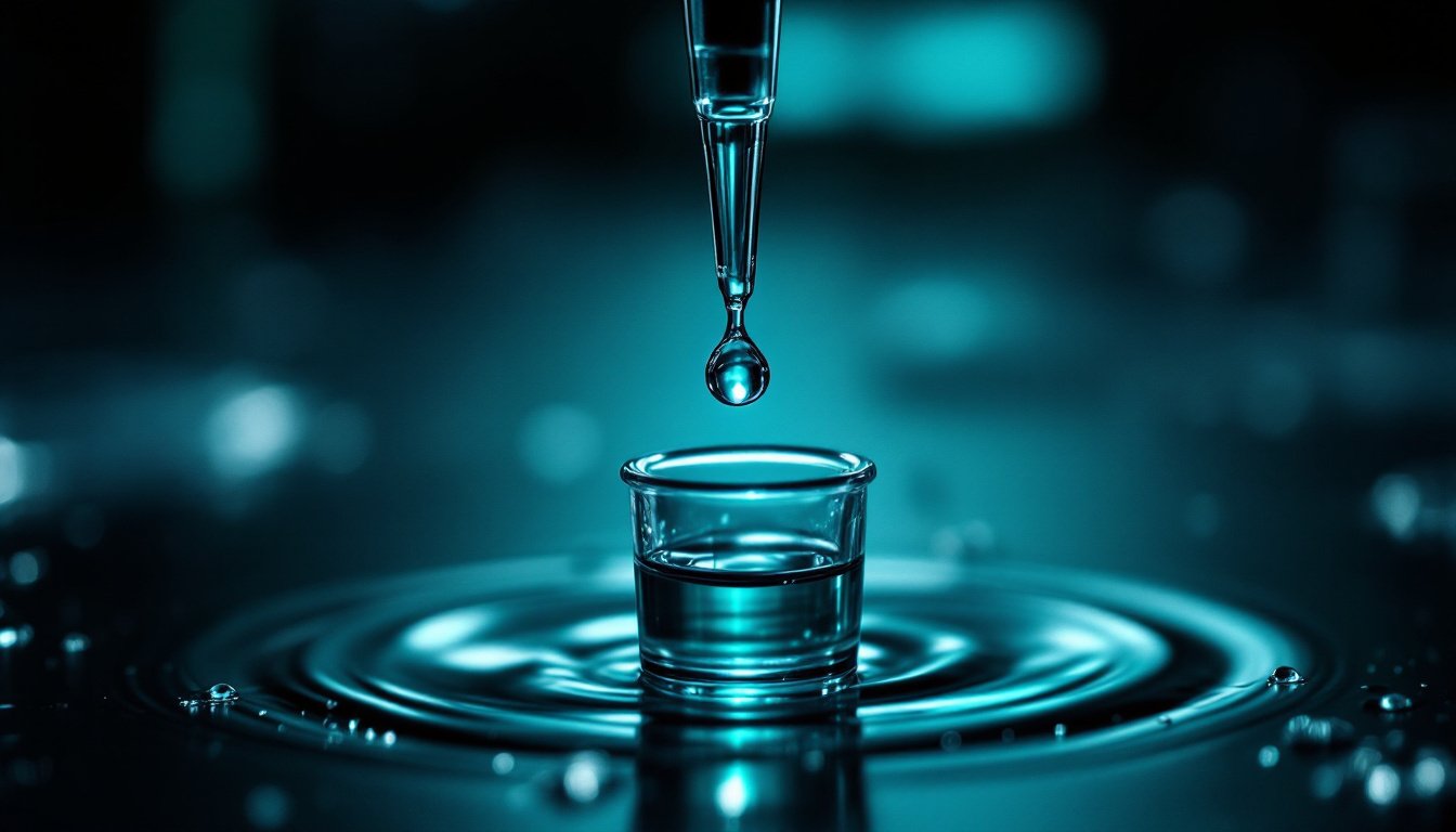 A pipette releasing one luminous teal drop into a vial on a dark bench.