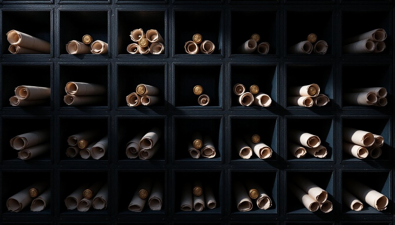 A cabinet of pigeonholes holding rolled scrolls sealed with gold wax.