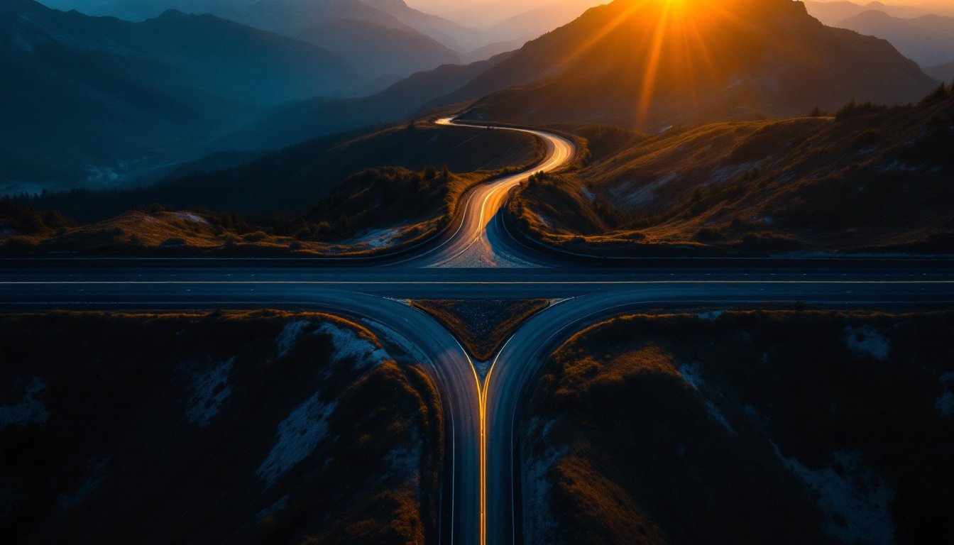 A mountain road forking at dawn, one fork worn and one freshly paved.