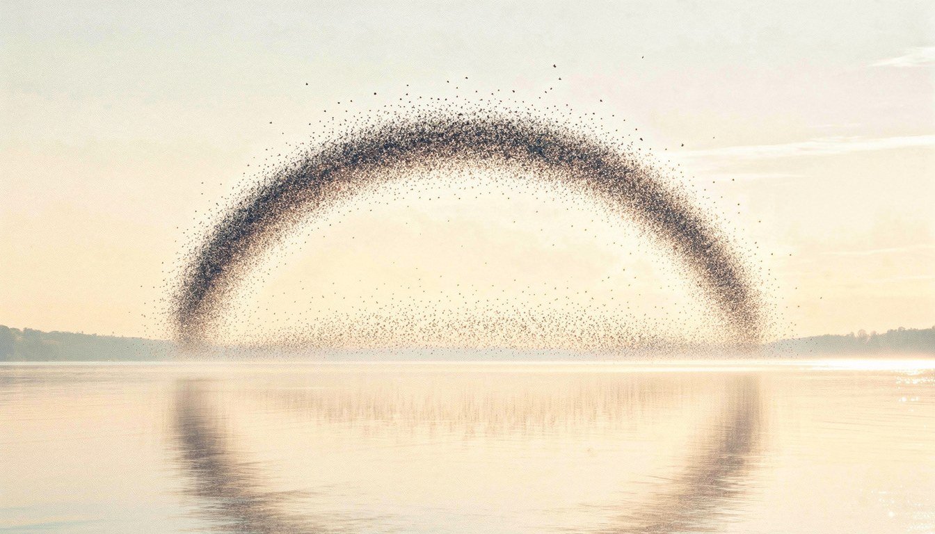 A vast murmuration of starlings sweeping into a rising arc over calm water at first light.