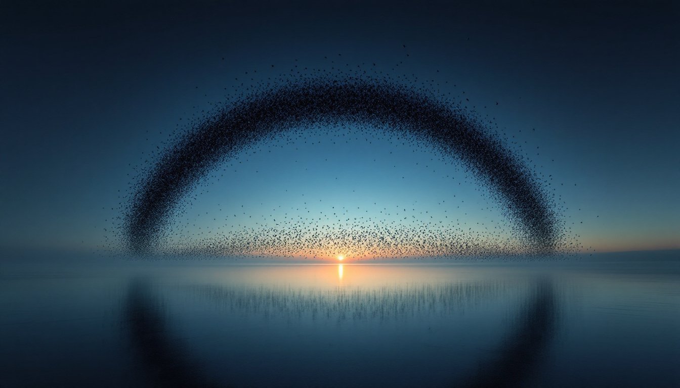 A vast murmuration of starlings sweeping into a rising arc over calm water at first light.