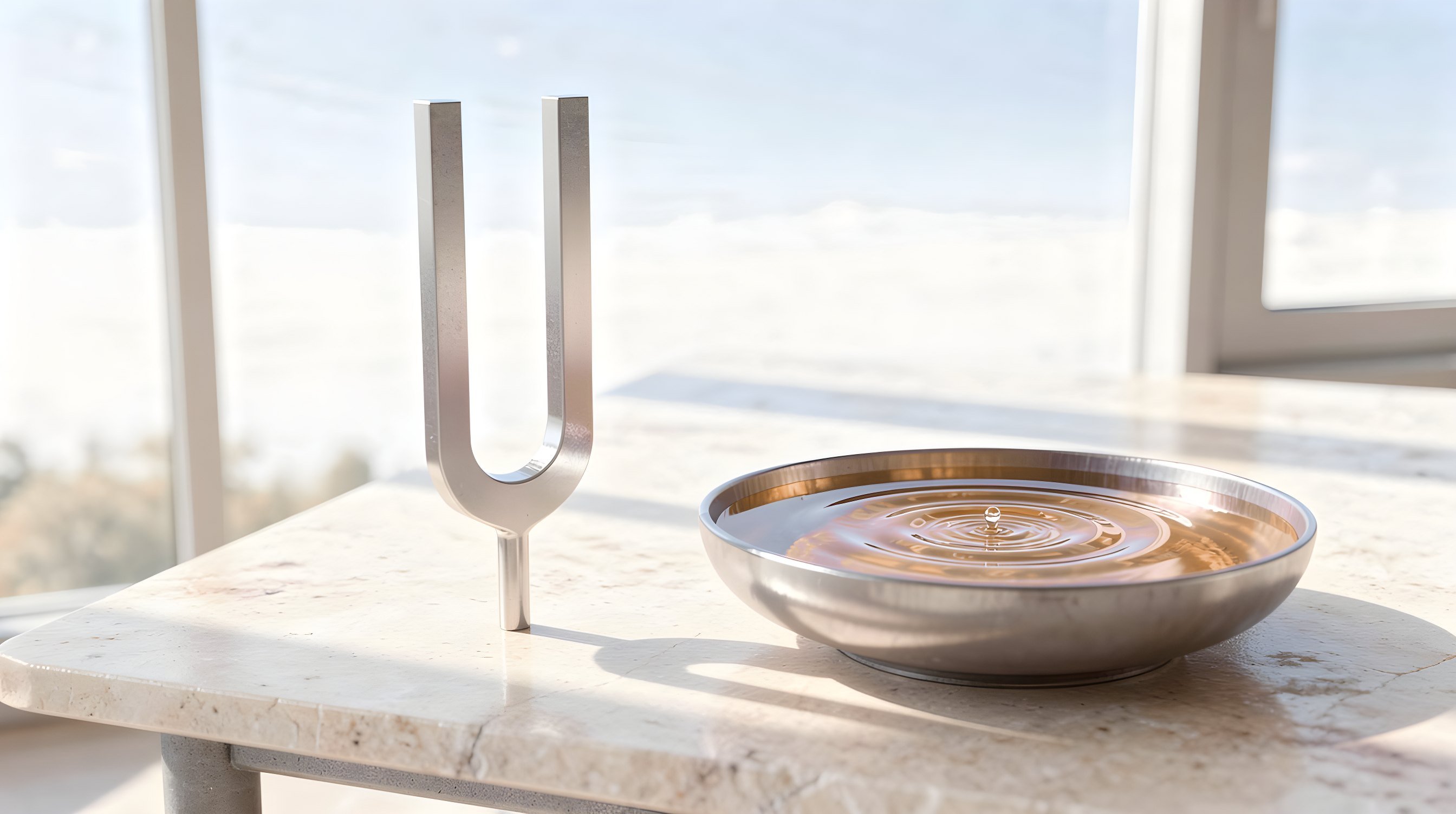Illustration: a steel tuning fork standing beside a shallow bowl of still water, concentric ripples glowing in it.