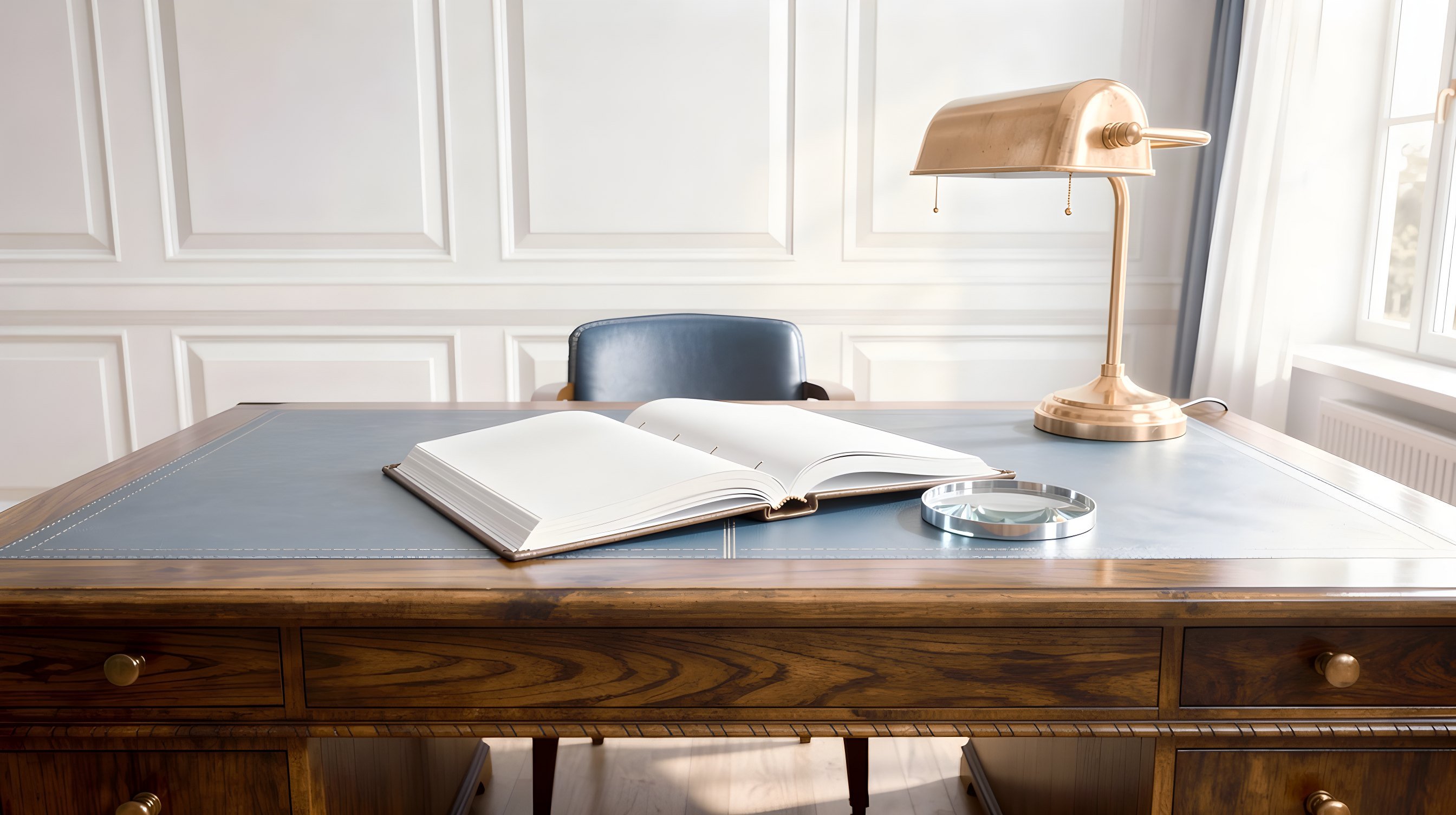 Illustration: a dim private study with a heavy walnut desk, a thick bound folder of plain pages, a magnifying glass, and one warm brass lamp.