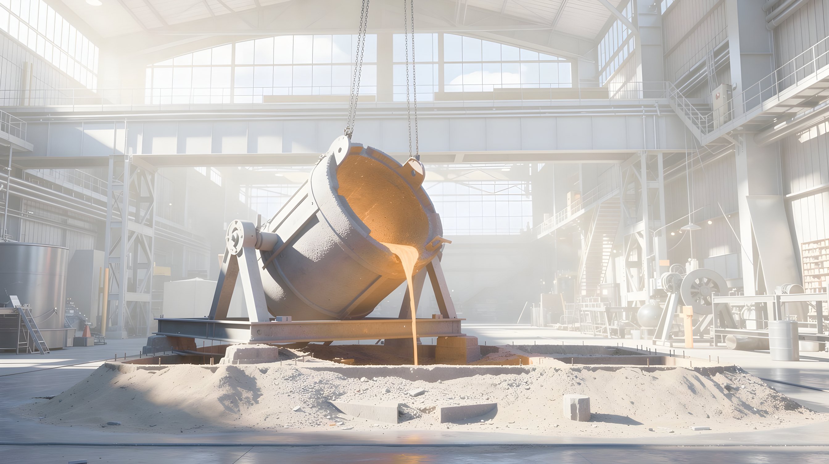 Illustration: an iron foundry hall with a large crucible tilted over a sand mold, a thin stream of molten metal glowing amber.