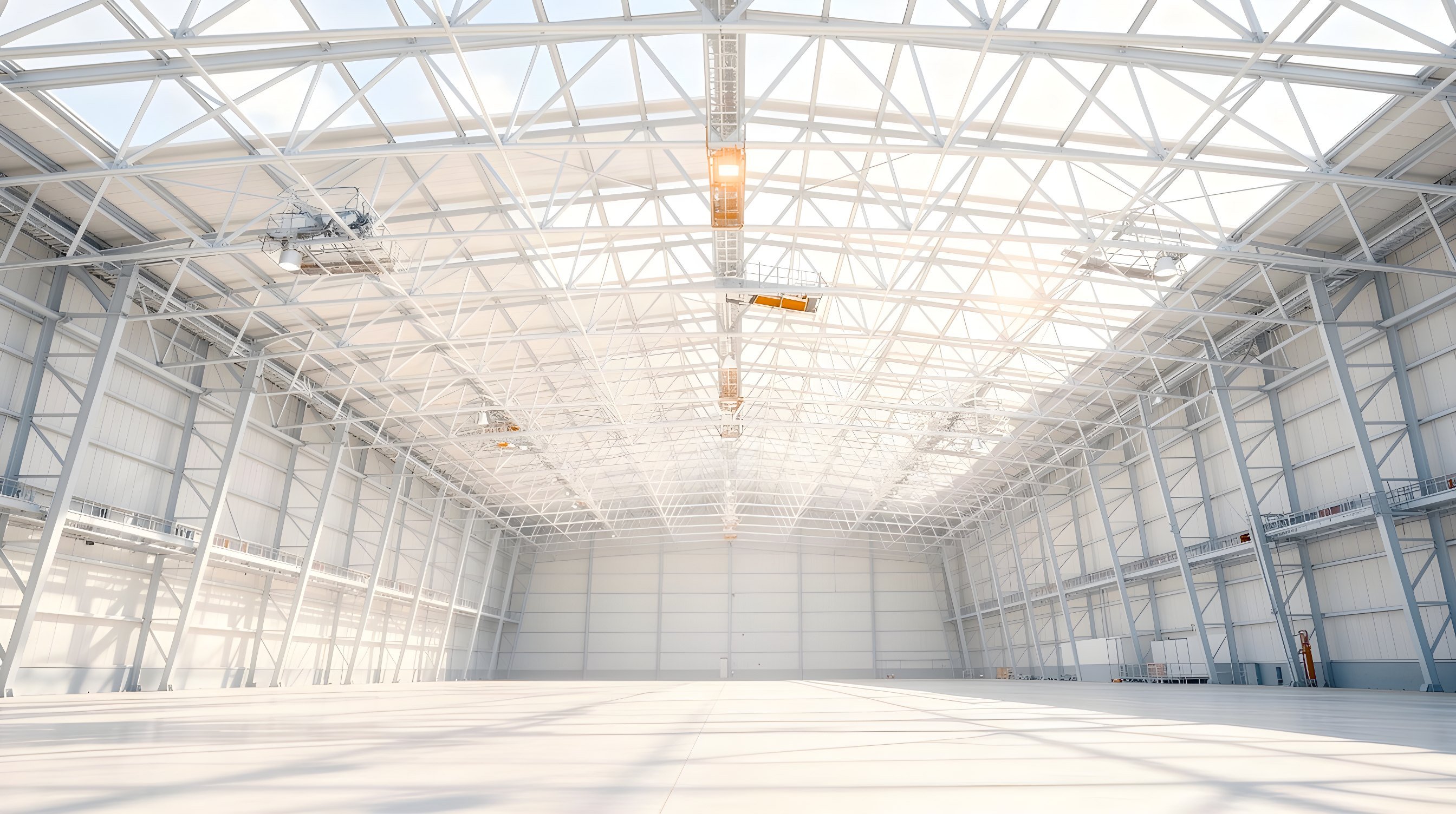 Illustration: a vast hangar under a steel space-frame roof of slender struts, one node high in the lattice glowing amber.