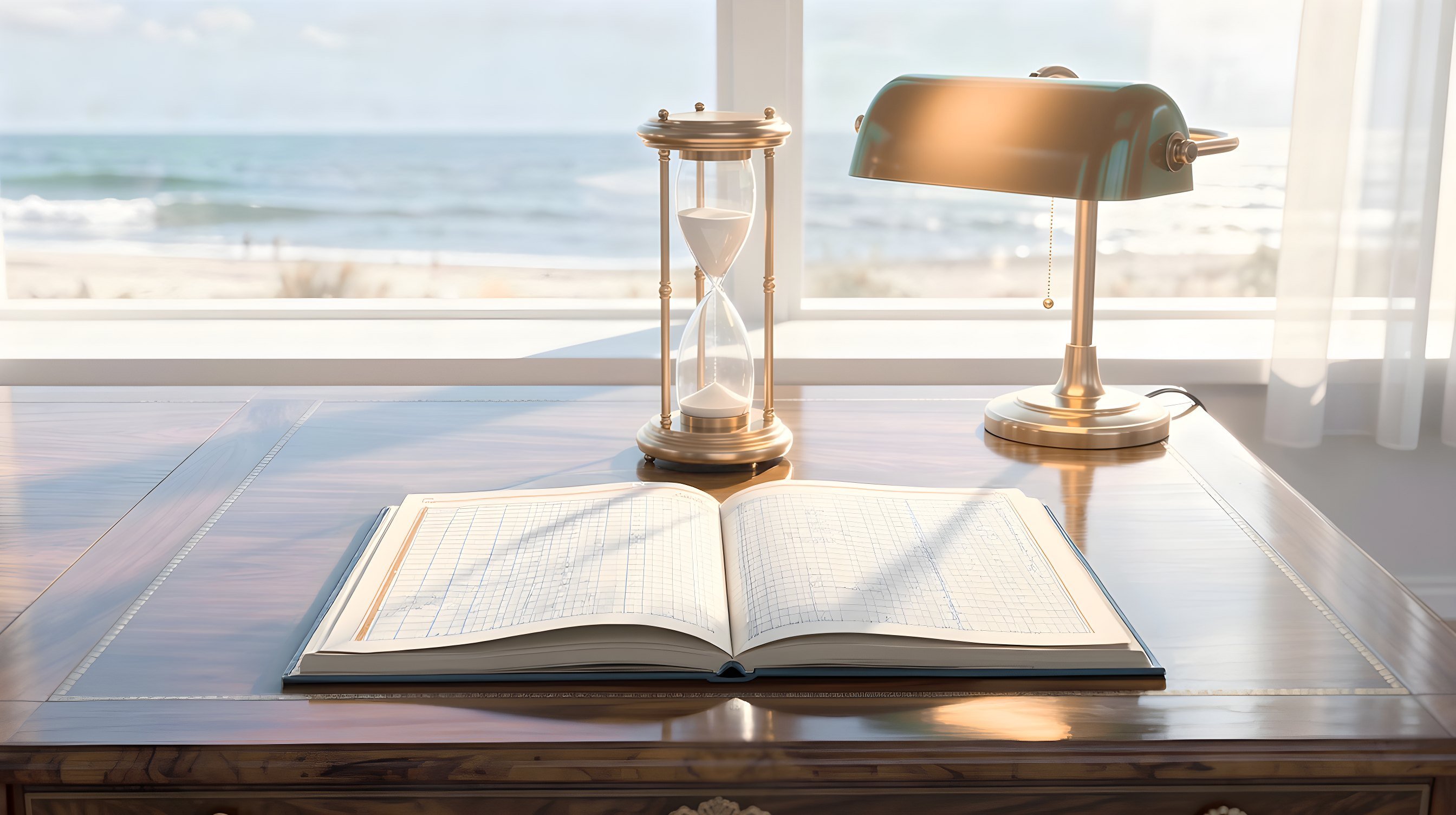 Illustration: a walnut desk with an open accounting ledger, its pages ruled in columns and rows with faint pencil entries, beside a brass hourglass and a banker lamp.