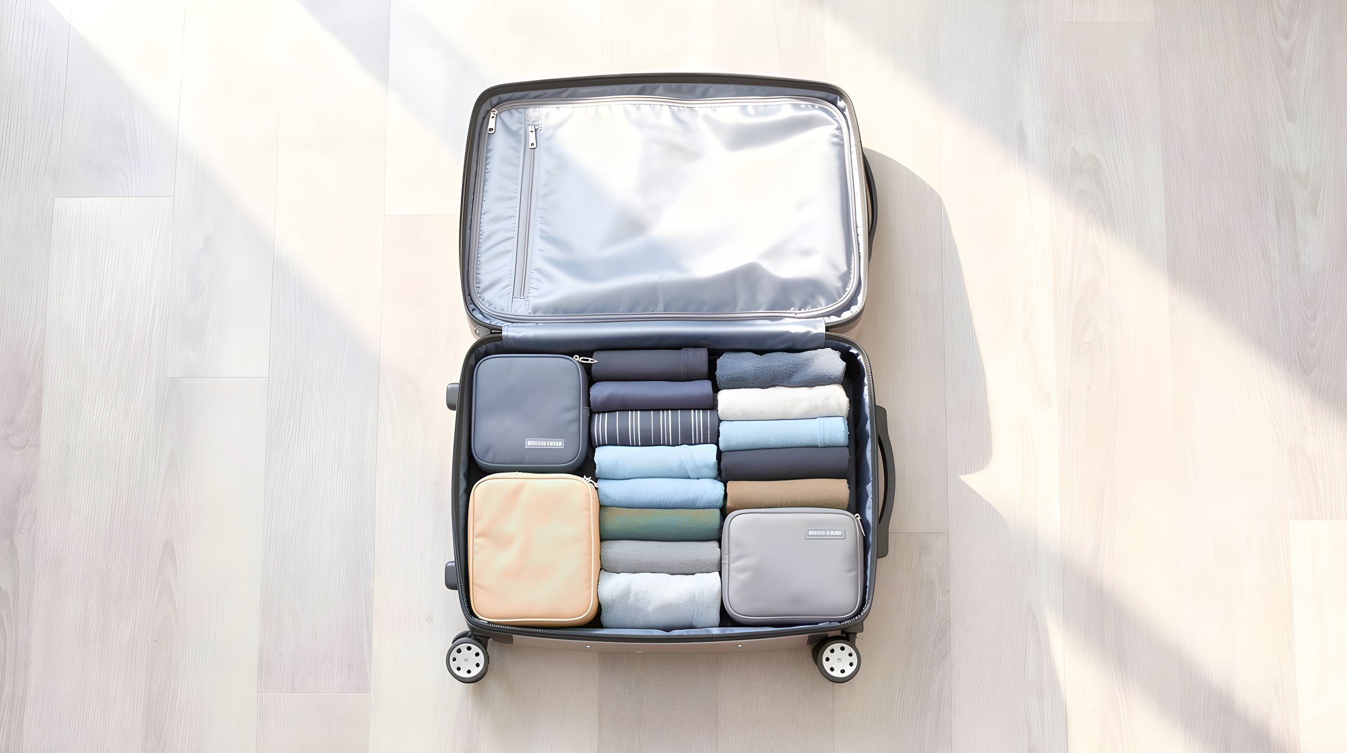 Illustration: an open carry-on suitcase seen from above, rolled clothing and packing cubes laid out in an orderly grid under a soft green glow.
