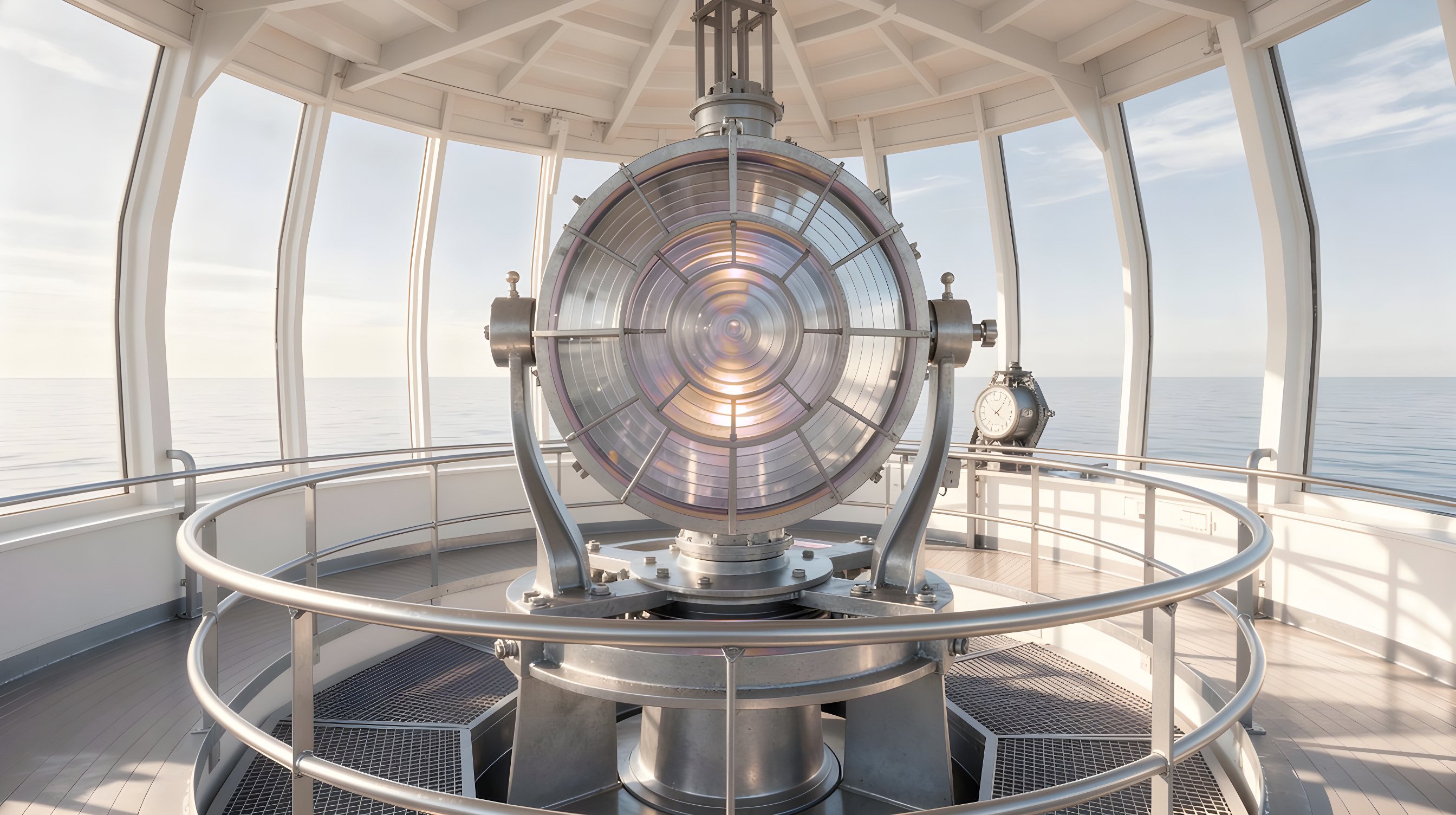 Illustration: the lamp room of a lighthouse with a large glass Fresnel lens glowing soft violet and the sea beyond the windows.