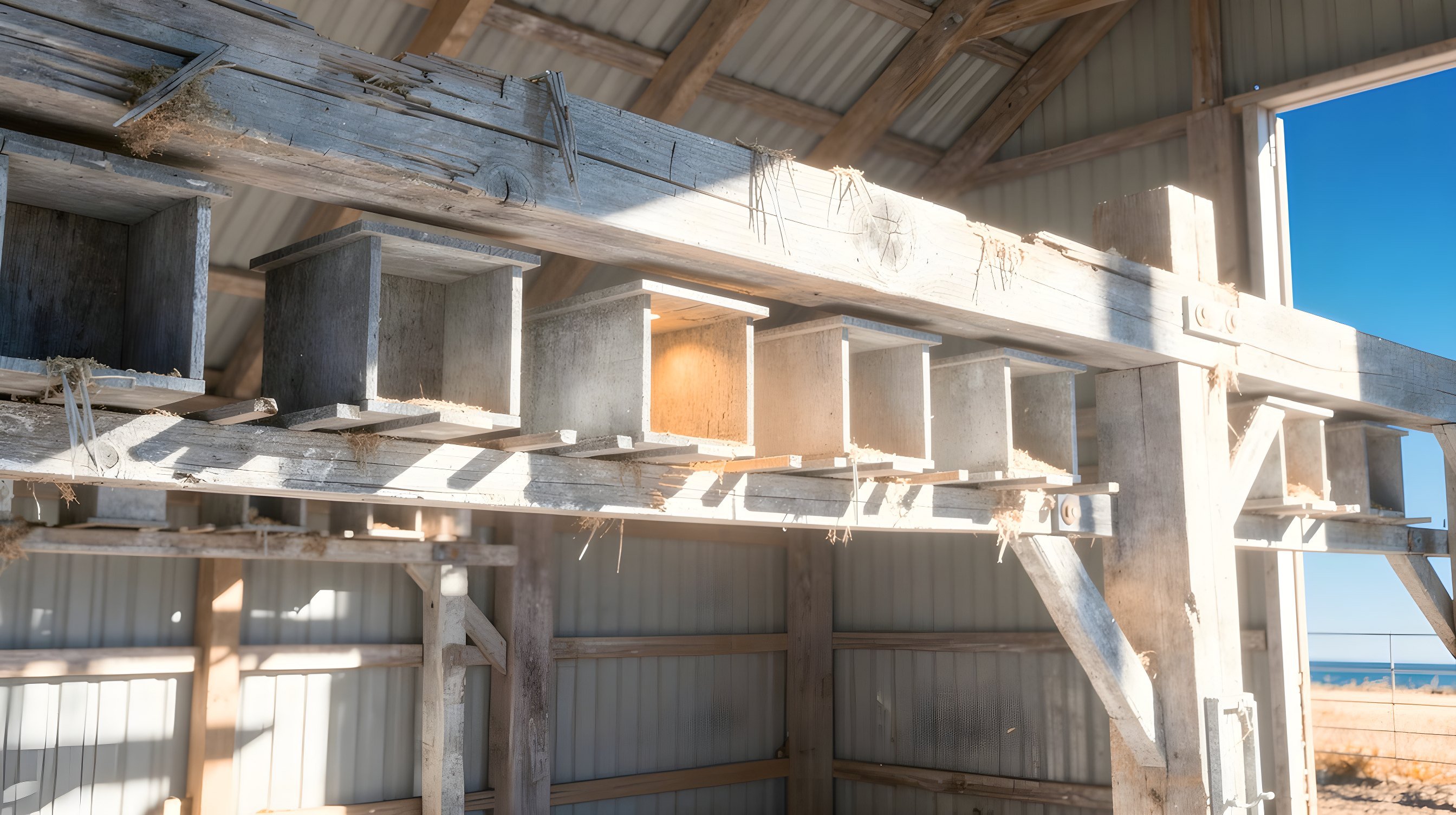 Illustration: a rough timber barn beam with a row of weathered wooden perches and empty nesting boxes, one box glowing amber from within.