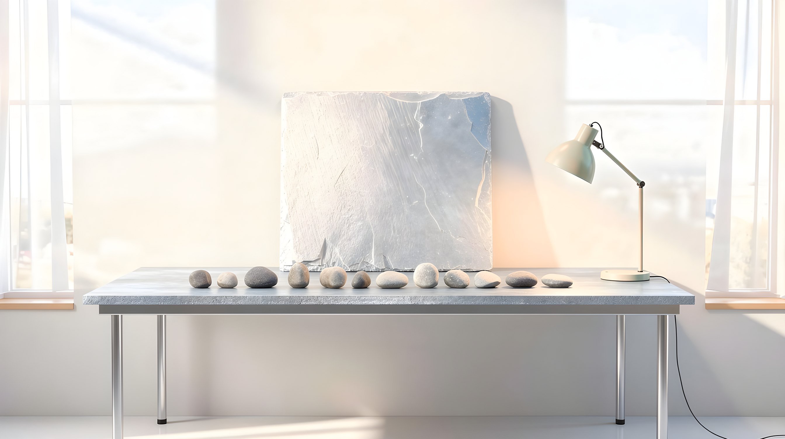 Illustration: a quiet empty studio with one large rough slate slab propped behind a long workbench, a line of smooth river stones and a soft green lamp.
