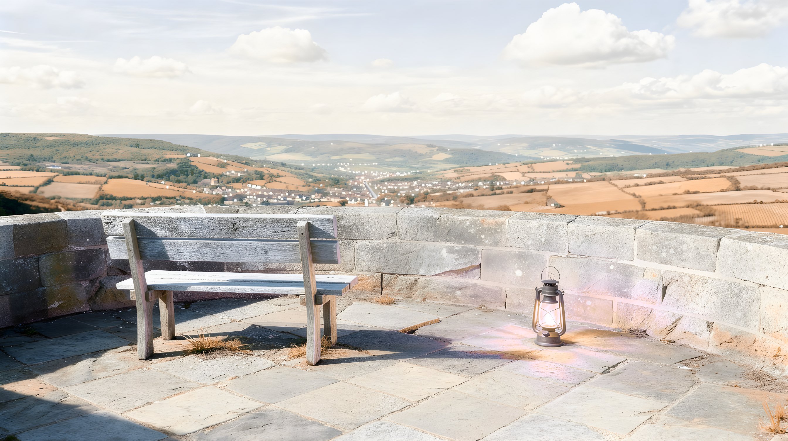 Illustration: a stone watchtower parapet at night with an empty wooden bench and a glass lantern, overlooking a sleeping valley of scattered lights.
