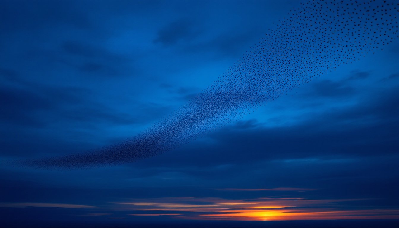 A migration of birds stretched into a thin ribbon across an enormous dusk sky.