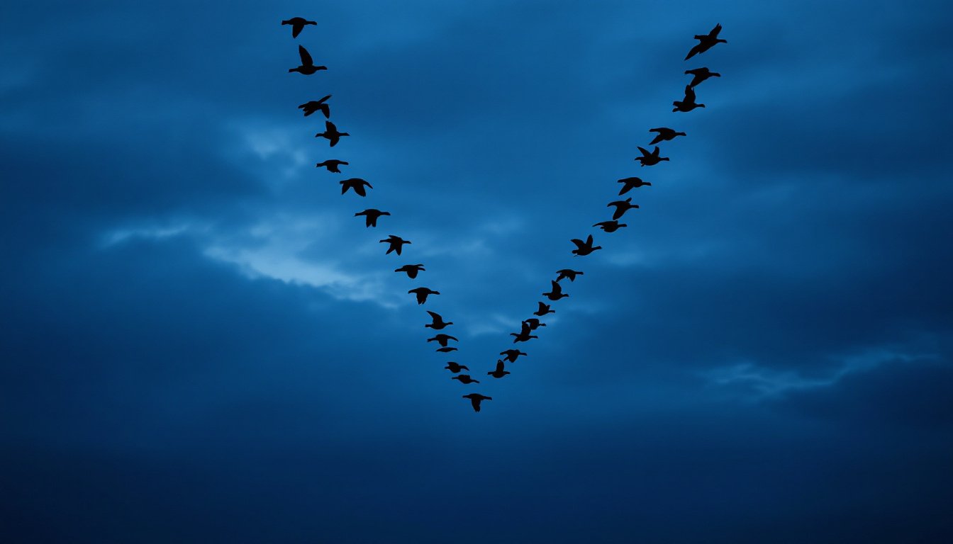 A large flight of geese crossing a deep twilight sky in a crisp V formation.