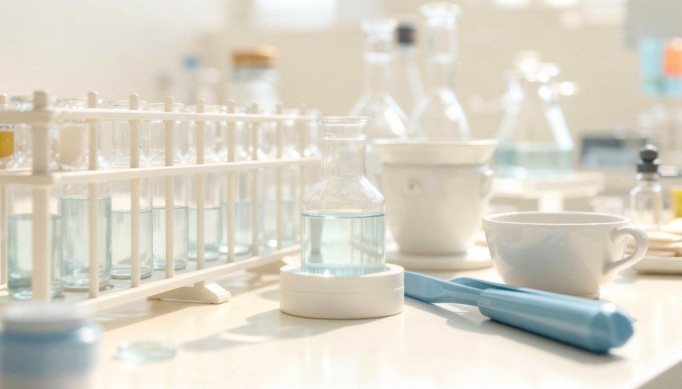 A dark laboratory bench with a rack of vials, one glowing teal beside a crucible and tongs.