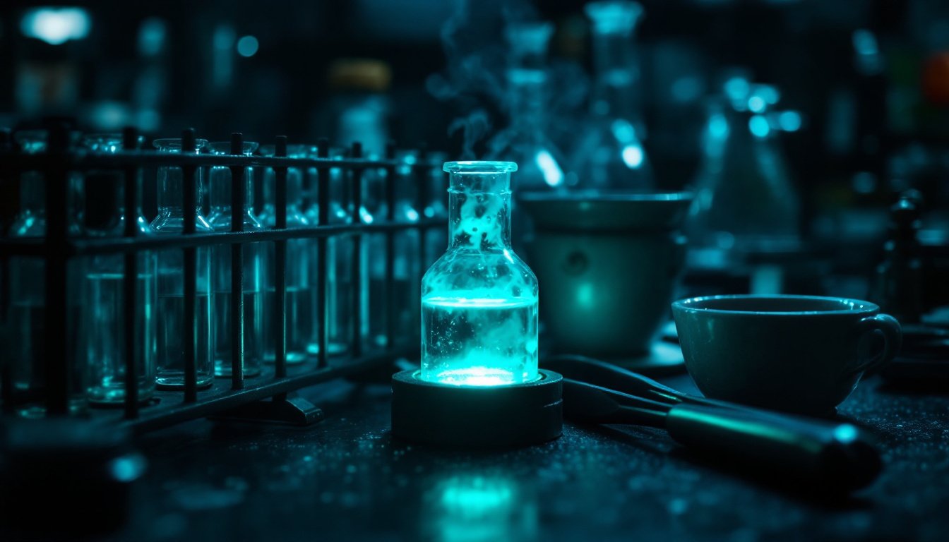A dark laboratory bench with a rack of vials, one glowing teal beside a crucible and tongs.