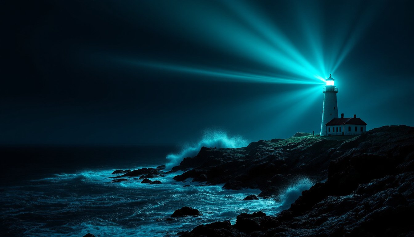 A lighthouse at night sweeping one clean teal beam of light over black water.