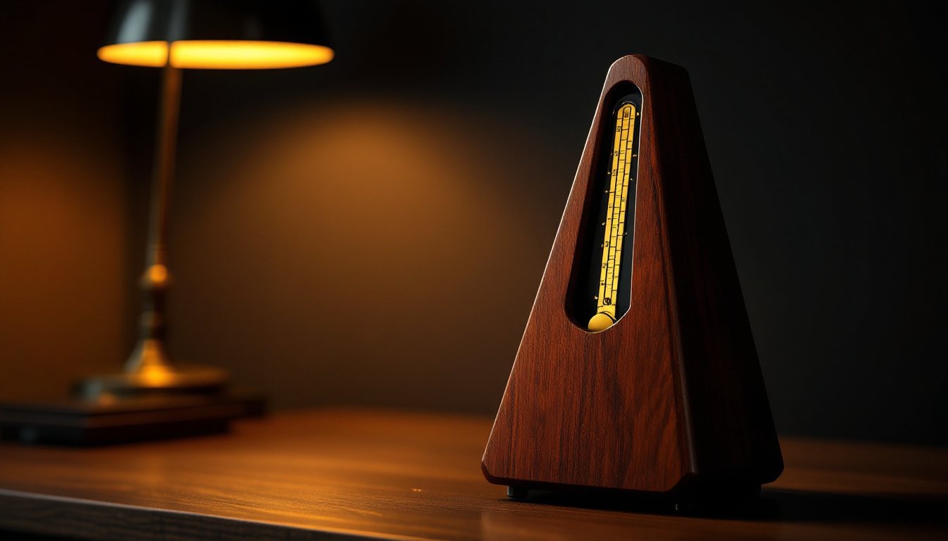 A polished wooden metronome mid-swing on a dark desk, lit by one warm amber lamp.