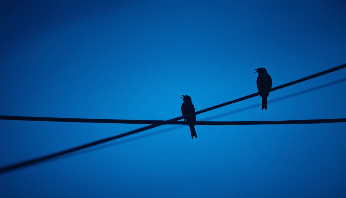A row of small birds on power lines against a deep dusk sky, one caught mid-chirp.