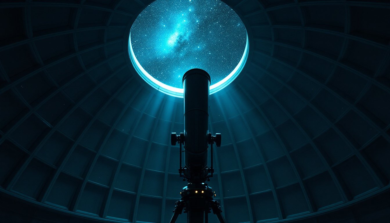 The interior of a dark observatory dome, a telescope aimed through the open slit at a band of stars.