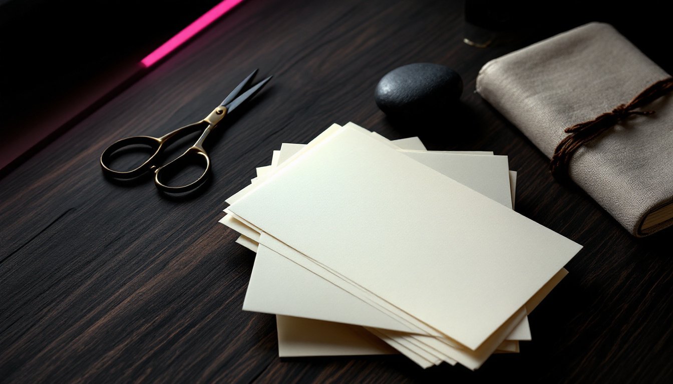 A sheaf of blank cream paper slips on dark walnut beside steel scissors, a smooth stone and a cloth-bound notebook, raked by one magenta light.