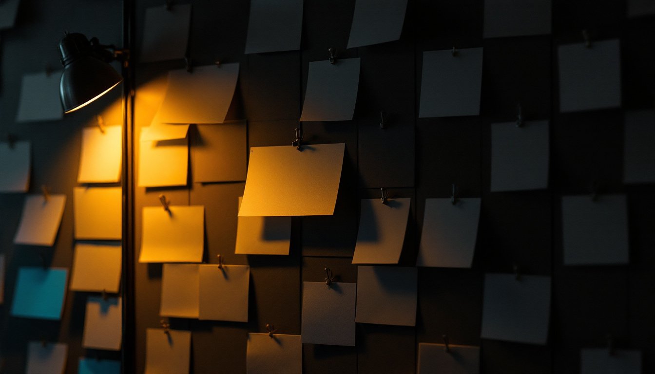 A dark wall of index cards pinned in tidy columns, one card lit warm amber by a narrow spotlight.
