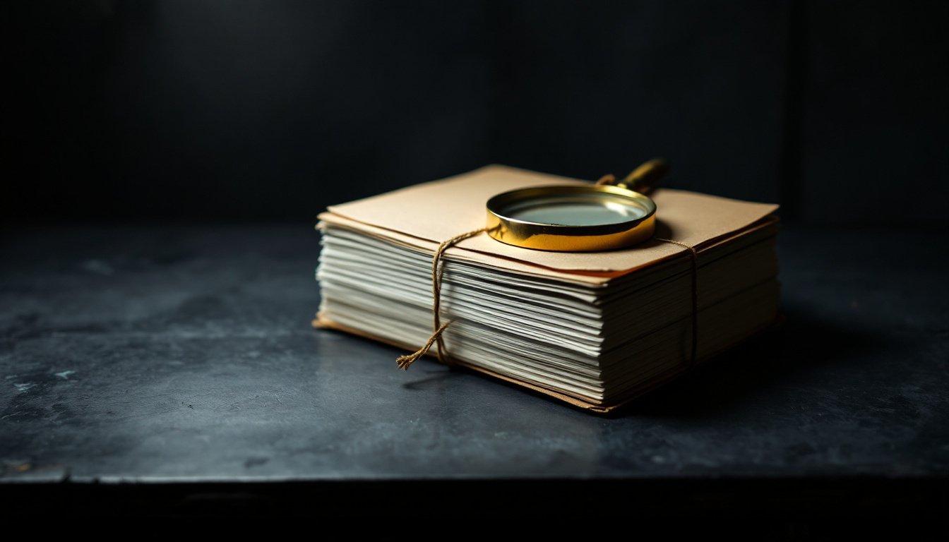 A thick string-bound dossier on a dark steel desk under one cold gray light, a brass magnifier resting on it.