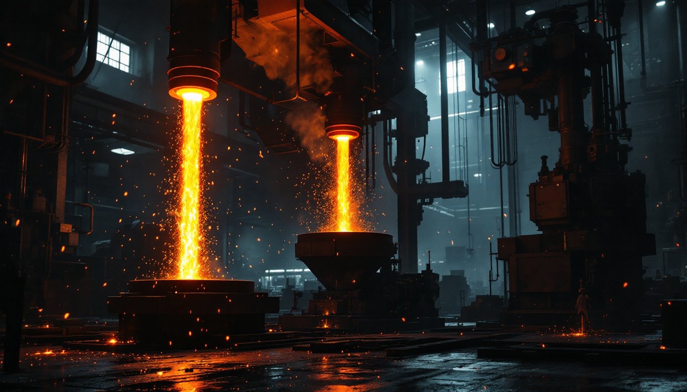 Molten metal pouring from a tilted crucible into a mold, sparks frozen in the dark foundry air.