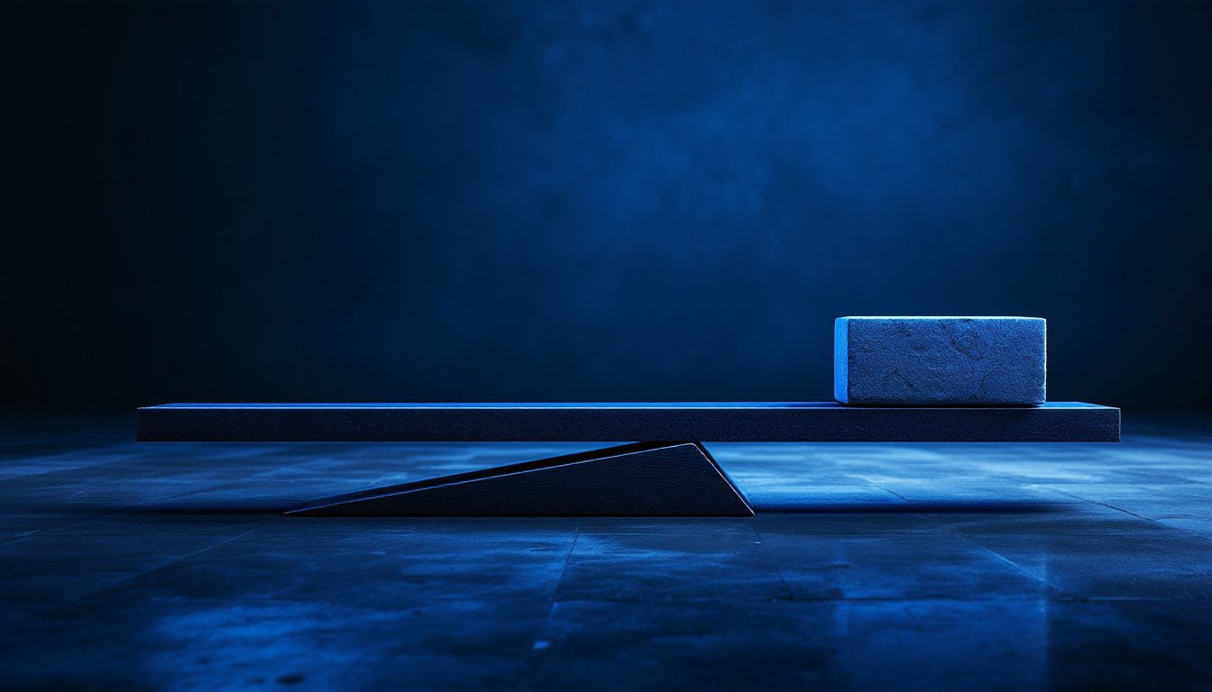 A steel lever balanced on a small wedge, a small weight lifting a massive stone block, indigo rim light.