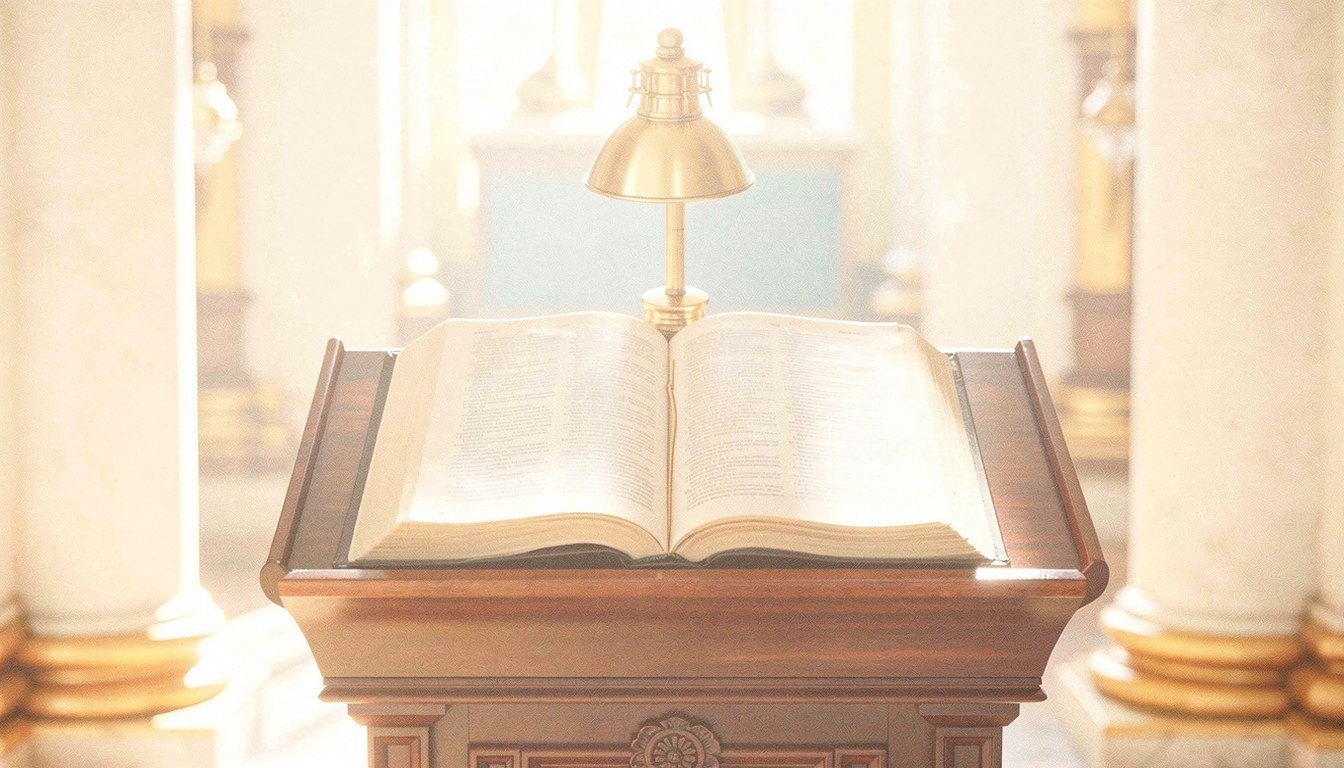 A brass-fitted wooden lectern holding an open book in a dark hall, one warm reading lamp on the pages.