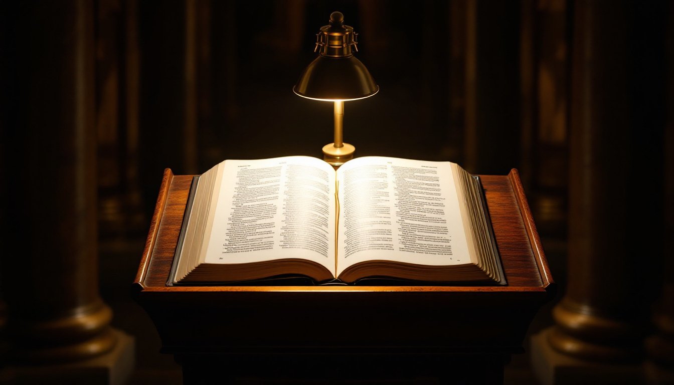 A brass-fitted wooden lectern holding an open book in a dark hall, one warm reading lamp on the pages.