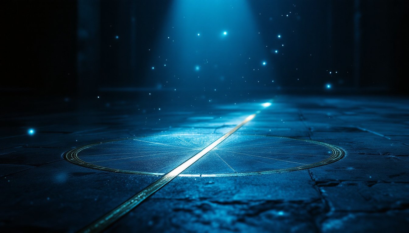 A brass meridian line inlaid in a dark stone floor, struck exactly by a single shaft of blue daylight.