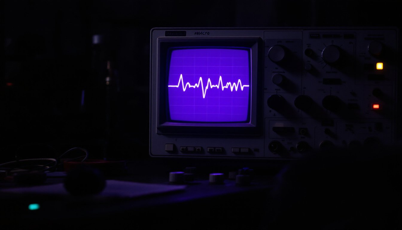 A vintage oscilloscope drawing one bright violet pulse waveform on its round screen in a dark lab.