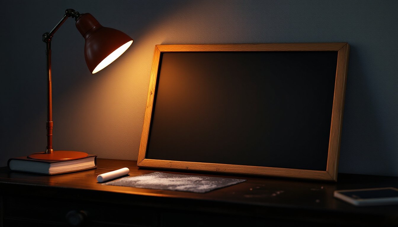 A freshly wiped slate tablet in a worn wooden frame, chalk and eraser beside it in burnt-orange lamplight.