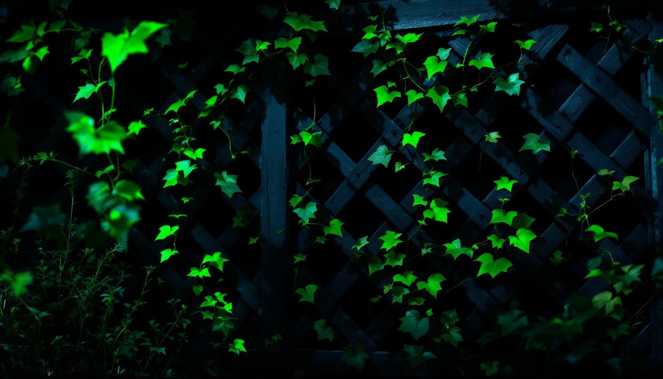 Young vines climbing a wooden trellis on a dark garden wall, leaves glowing at their edges in emerald backlight.