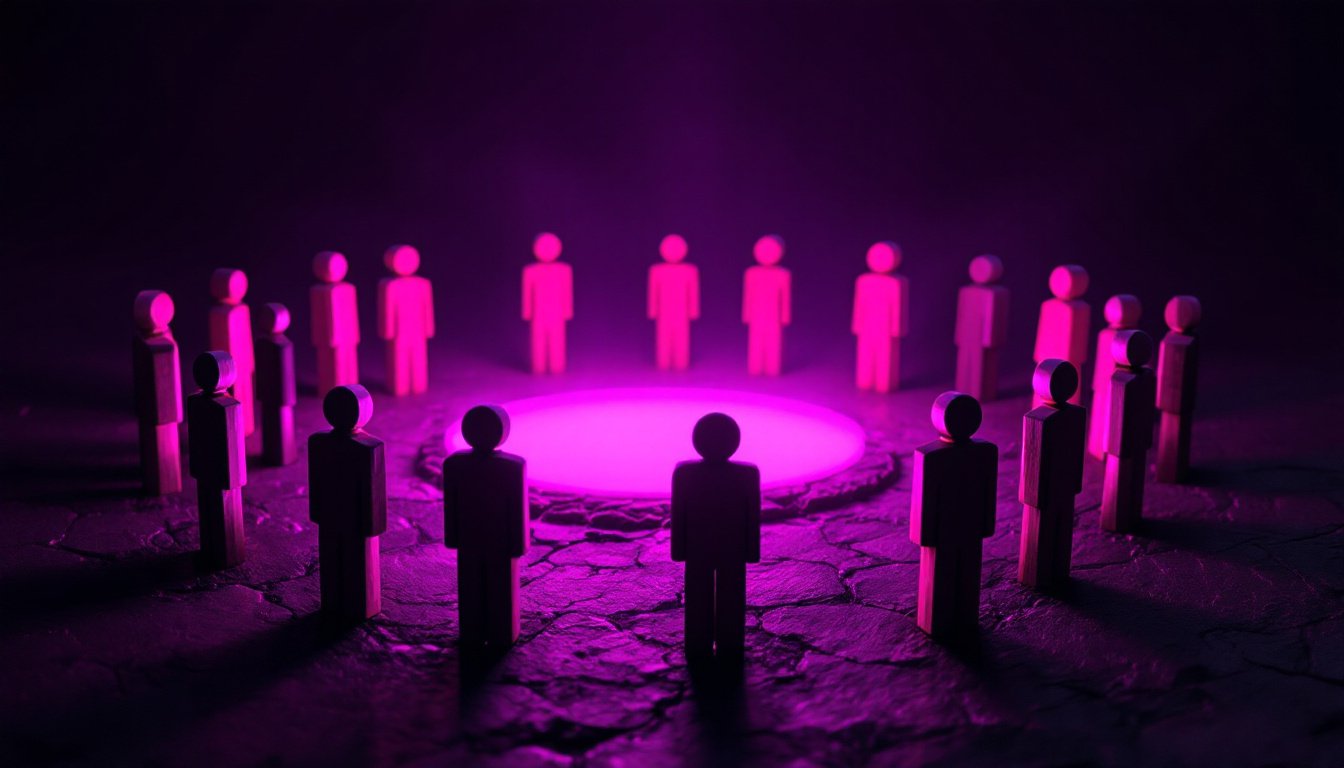 A circle of small carved wooden figures around a low ember glow, magenta rim light on their faces.