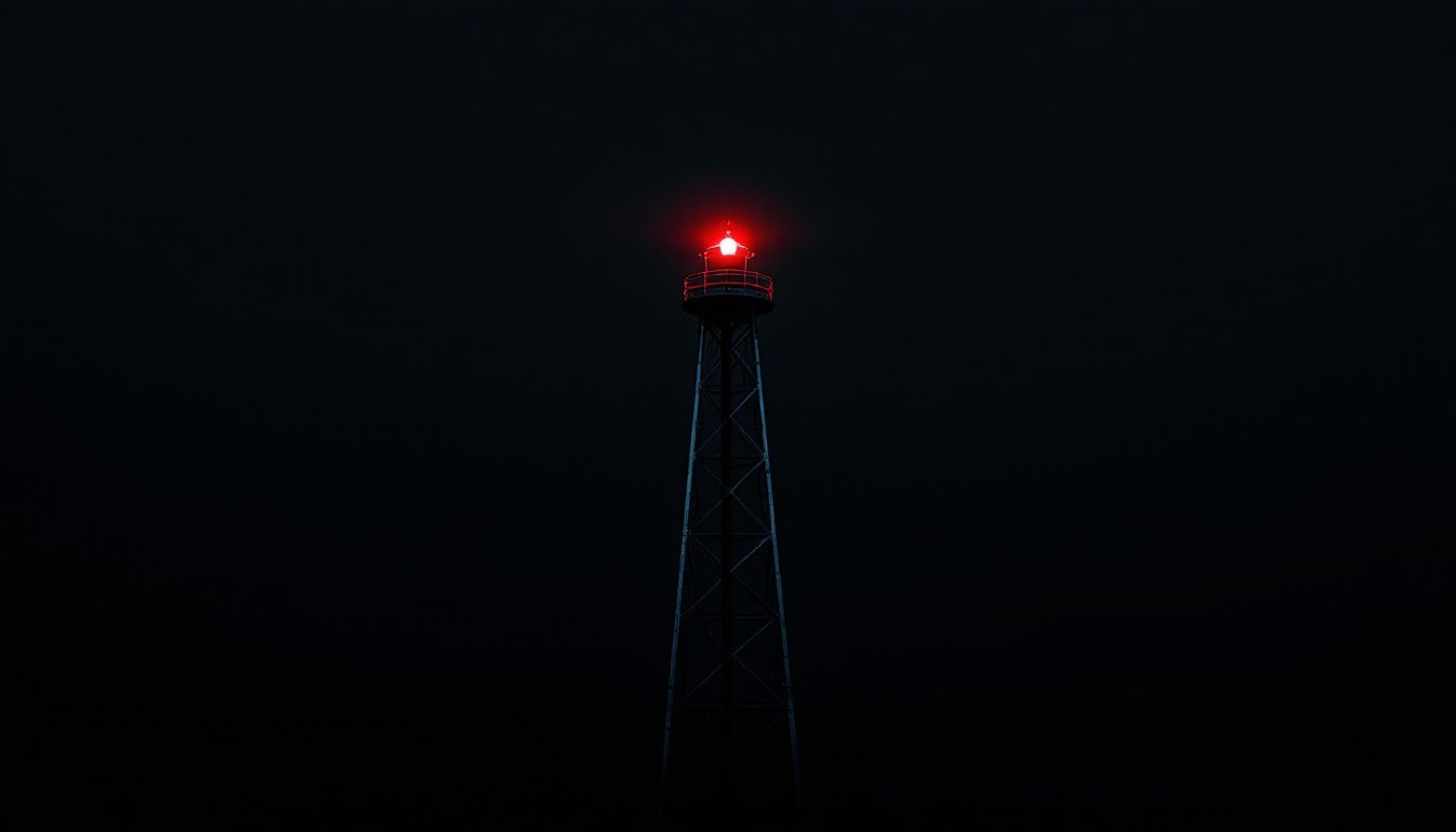 A slender steel watchtower against the night, its single red lamp burning steady in thin mist.